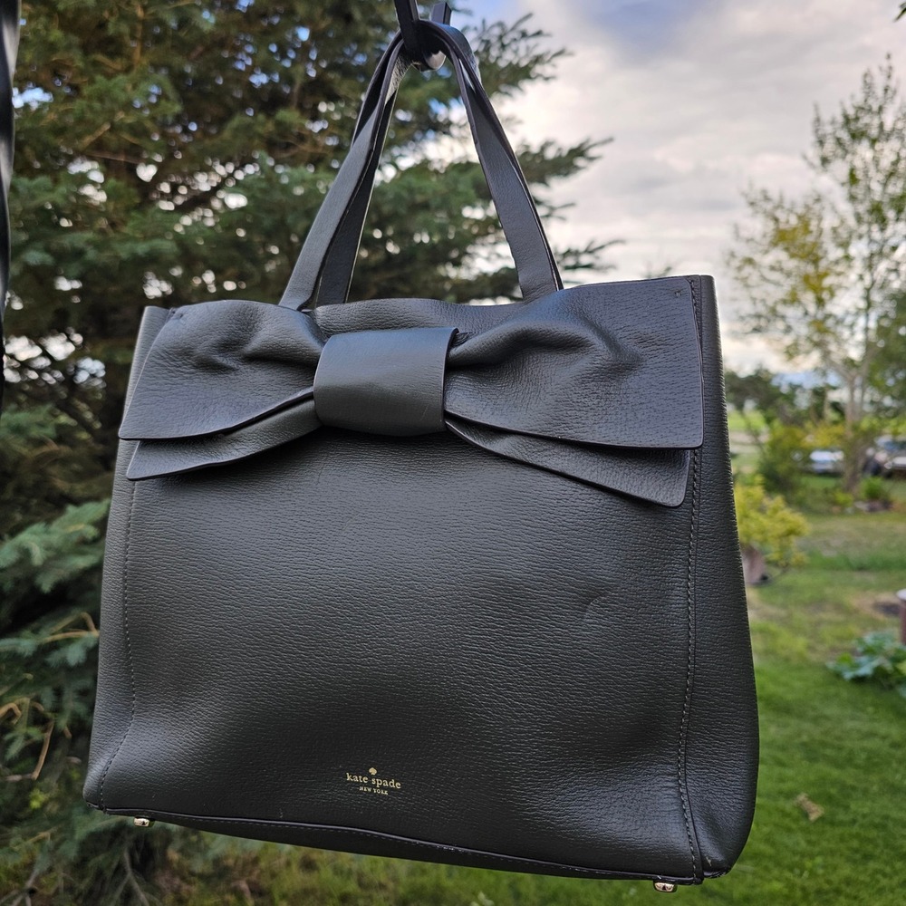 Kate Spade dark green leather tote with bow detail